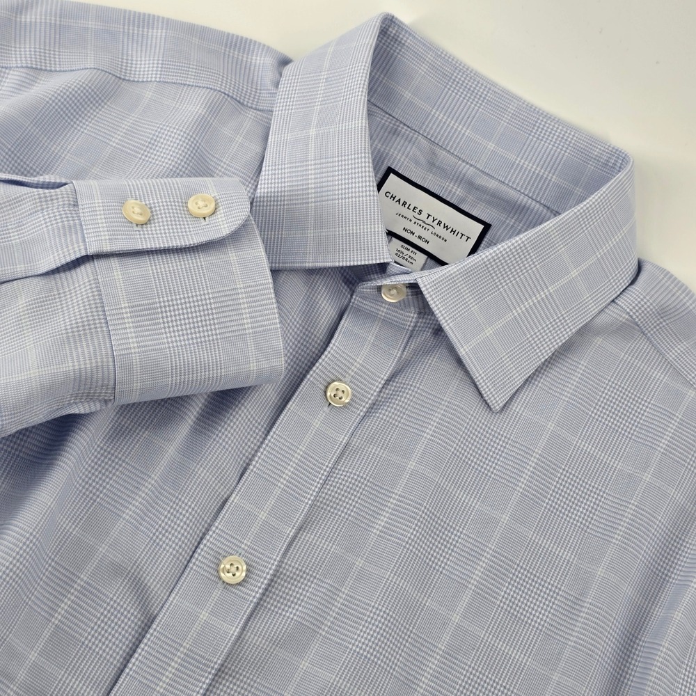 Charles Tyrwhitt Dress Shirt Mens 16.5 33 Blue Glen Check Slim Fit Non-Iron